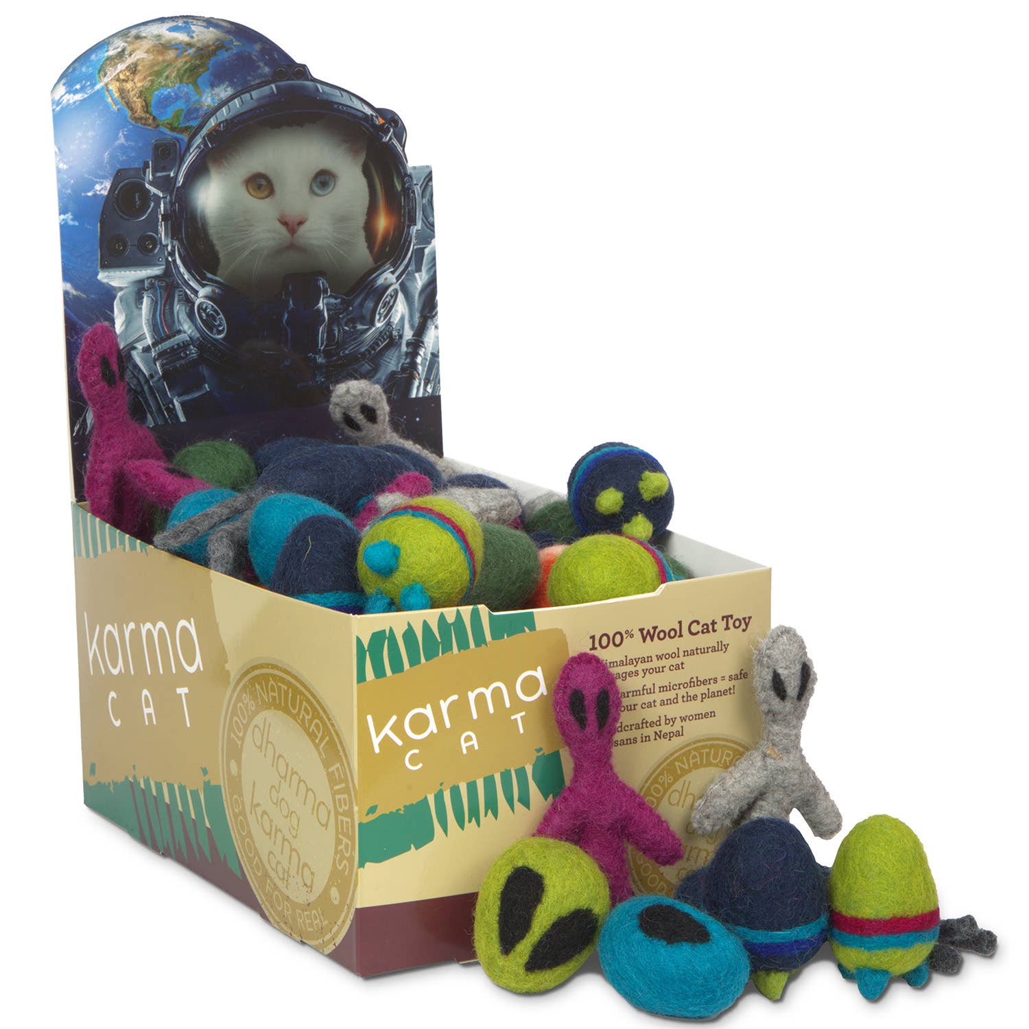 Dharma Dog Karma Cat - Space Cat Wool Pet Toy - 60 Asst. Counter Display